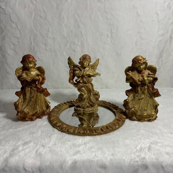 Angel Figurine Trio & Ornate Mirror Set Art Nouveau - Picture 2 of 6